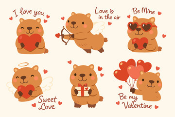 Obraz premium Valentines day cute animal collection. Valentine Day love characters with hearts cupid and romantic phrases