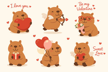 Naklejka premium Valentines day bear character collection. Valentine Day romantic bear illustrations with hearts gifts and love messages