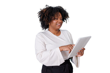 African american woman with curly hair, smiling and using a digital tablet. Concepts of technology, business, and connectivity