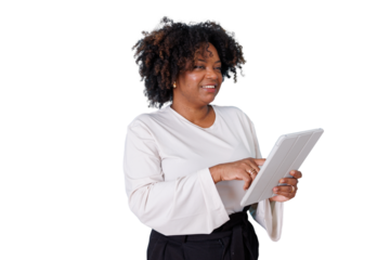 African american woman with curly hair, smiling and using a digital tablet. Concepts of technology, business, and connectivity