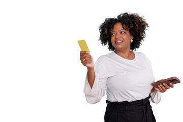 Happy adult woman holding a credit card and smartphone, engaging in online shopping and digital banking, with a transparent background