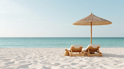 A serene minimalist beach scene features soft white sand and a calm turquoise ocean. Two wooden lounge chairs with beige cushions are partially shaded by a straw umbrella, accompanied by a woven beach