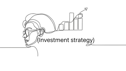Line art illustration of woman contemplating investment strategy  