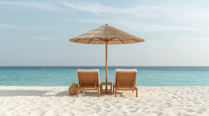 A serene minimalist beach scene features soft white sand and a calm turquoise ocean. Two wooden lounge chairs with beige cushions are partially shaded by a straw umbrella, accompanied by a woven beach