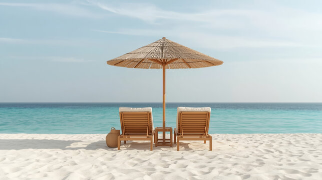 A serene minimalist beach scene features soft white sand and a calm turquoise ocean. Two wooden lounge chairs with beige cushions are partially shaded by a straw umbrella, accompanied by a woven beach - Powered by Adobe