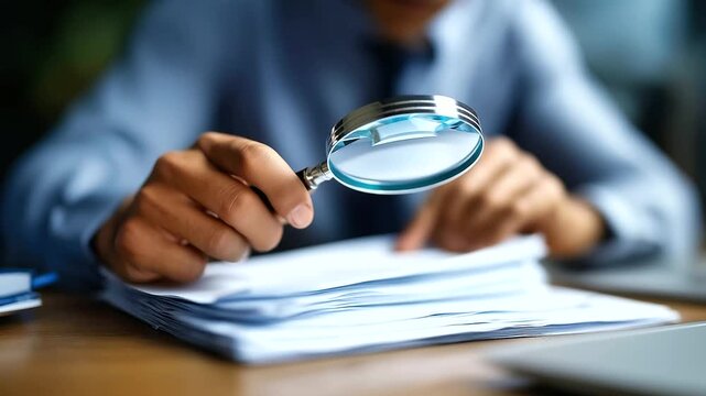 Audit and fraud investigation using magnifying glass inspection auditor examining documents financial discrepancy detection forensic accounting review compliance verification