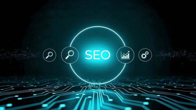 SEO concept in an illustration showing circuit board with glowing element.