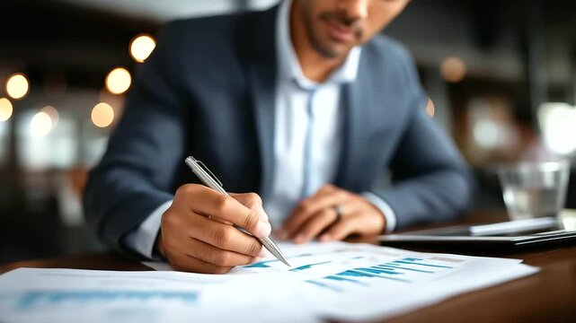 Businessman analyzing audit reports and financial compliance internal control assessment risk mitigation strategy transaction monitoring system regulatory framework review