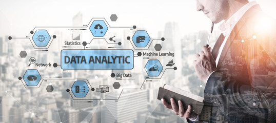 A business professional engages in data analytics, exploring machine learning and big data concepts against an urban backdrop, promoting informed decision-making. Tessel