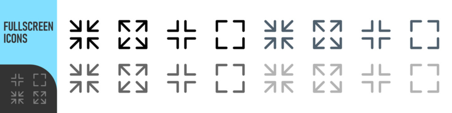 maximize and minimize icons with arrows pointing outward and inward. fullscreen icon for adjusting screen or window size in digital interfaces. Color icon set