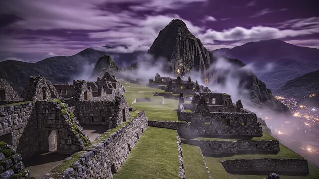 Ancient Inca Citadel Machu Picchu Peru at Night with Purple Sky and Foggy Mountains