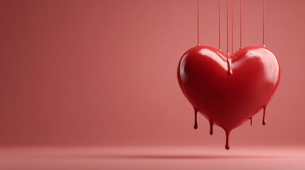 A glossy red heart drips with vibrant paint, set against a soft pink background, symbolizing love and emotion in a striking visual representation.