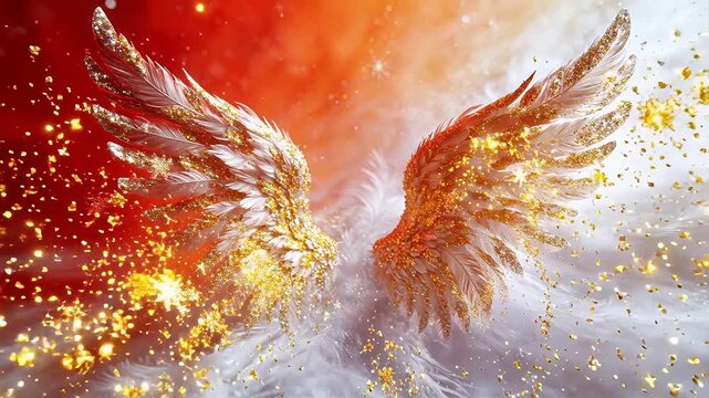 Golden angel wings with sparkling feathers