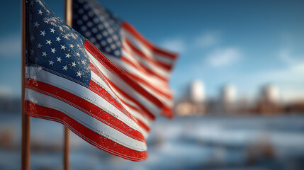 Waving American flags in the foreground against a blurred backdrop, evoking a sense of patriotism and unity.