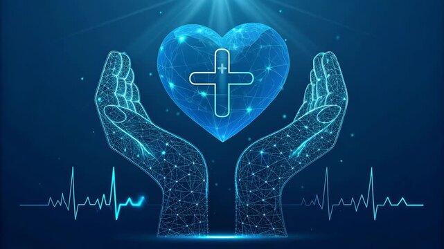 Protecting life and health digital hands cradling a glowing heart with a medical cross 4K Video