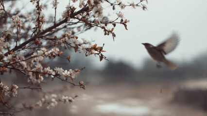 Obraz premium Bird taking flight from blossoming tree
