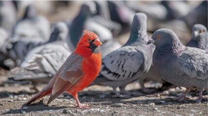 Vibrant red cardinal among pale pigeons in urban setting.