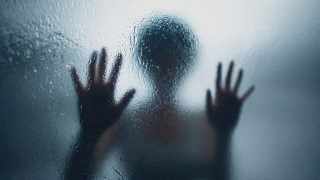 Blurred silhouette figure behind wet glass