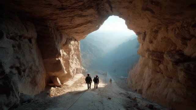 Hikers emerge from a dark cave into a vast, misty mountain valley with a dog
