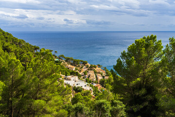 Aerial view of rooftops in the coastal town of Canyamel hidden among green trees, with vast...