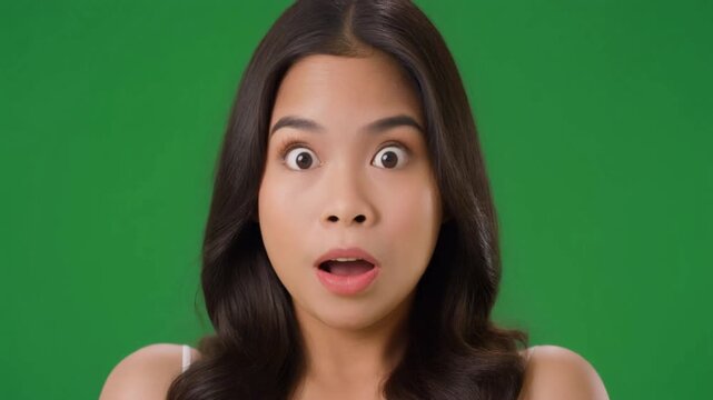 Shocked young woman with wide eyes and open mouth on green screen for surprise reaction memes viral videos and dramatic social media content