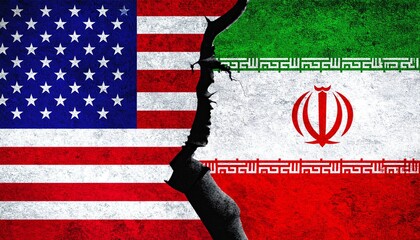 Split US and Iran flags with jagged crack symbolizing division and geopolitical tension.