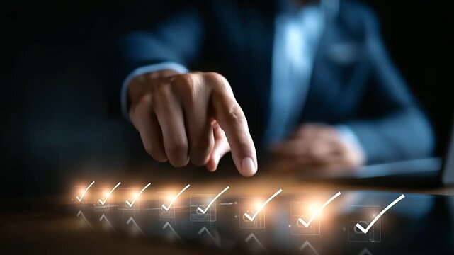 Businessman interacting with digital checkmarks and ISO documents quality control interface standard certification workflow compliance process verification international audit