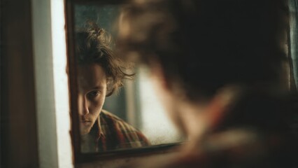 Contemplative Man in Mirror Reflection