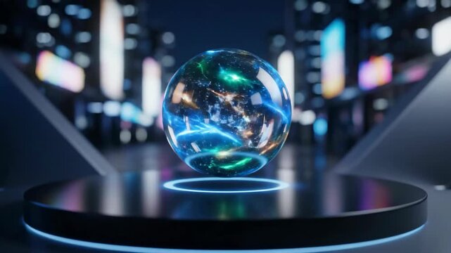 Futuristic Spheres Rotating in Cyberpunk Grid - Digital Technology Loop
