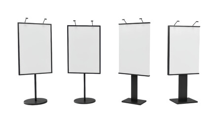 Four distinct modern professional floor-standing sign holders, sleek dark matte metal posts, blank white panels, varied bases, transparent studio background, soft shadows, e-commerce mockup