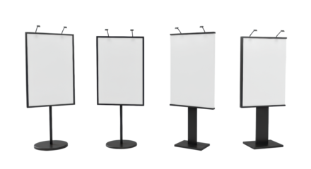 Four distinct modern professional floor-standing sign holders, sleek dark matte metal posts, blank white panels, varied bases, transparent studio background, soft shadows, e-commerce mockup