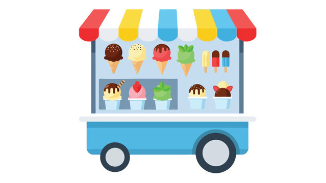 Colorful illustration of an ice cream cart with various sweet treats on display against a clean white background.