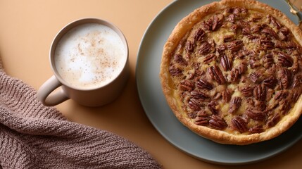 Cozy aesthetic of a rich pecan tart paired with a creamy cappuccino, conveying comfort, autumn tradition, and sweet indulgence in a coffee break moment.