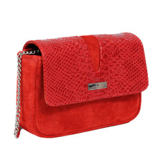 A premium red leather shoulder bag for women with an exotic python skin imitation flap and metallic...