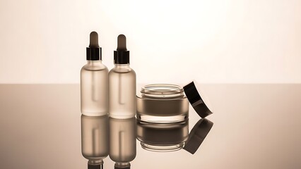 Clear glass cosmetic bottles and jar with black caps on reflective surface
