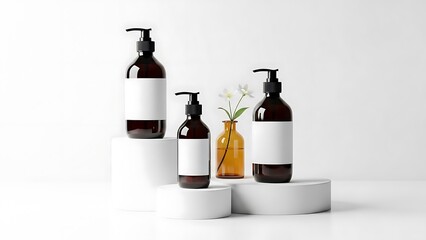 Brown bottles with white labels on white pedestals with amber vase and white flowers cosmetic bottles