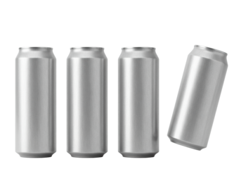 Four blank brushed silver aluminum beverage cans, three upright, one tilted, arranged horizontally on a pure seamless bright white studio background, high-precision packaging design concept