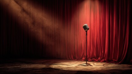 A classic microphone on a stand sits center stage. The velvet curtains are drawn. A spotlight shines down on the scene in the theater