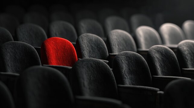 Rows of empty charcoal seats fill a theater or auditorium. One distinct red seat stands out amongst all the rows of similar colored seating