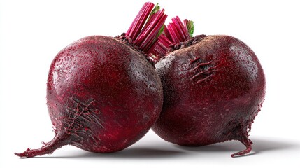 Two fresh, red beetroots sit side-by-side on a plain white surface. The beets have their stems and roots still attached, making them look newly harvested