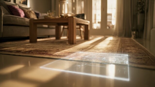 Living room with rug and holographic technology - Powered by Adobe