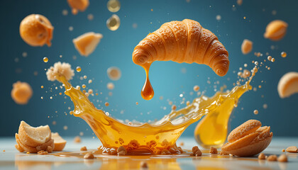 Croissant splashing in golden honey with crumbs flying everywhere wildly