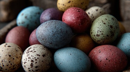 A cluster of speckled Easter eggs in various colors like blue, red, yellow, green, and purple are piled together, ready for holiday celebration