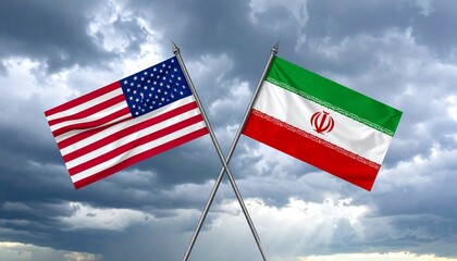 Crossed US and Iran flags under stormy sky, symbolizing tension and geopolitical contrast.