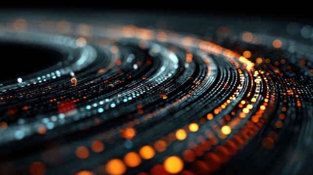 Lines of light curve and flow, showing data movement and connection. The lights are orange and blue on a black background, showing speed - Powered by Adobe