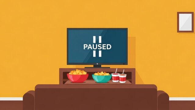 Paused TV Screen with Snacks and Drinks.