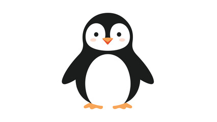 Fototapeta premium A cartoon penguin with orange feet and rosy cheeks stands against a clean white background in a flat illustration style with a cheerful mood.