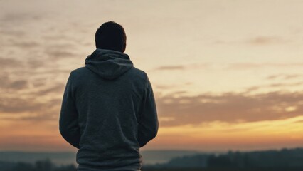 Fototapeta premium Man in hoodie looks at scenic sunset