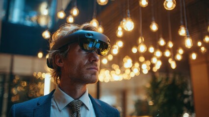 Man in suit wearing VR headset in office