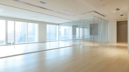 A bright and spacious TV lounge with a large glass partition, light wood floors, and minimalist decor 